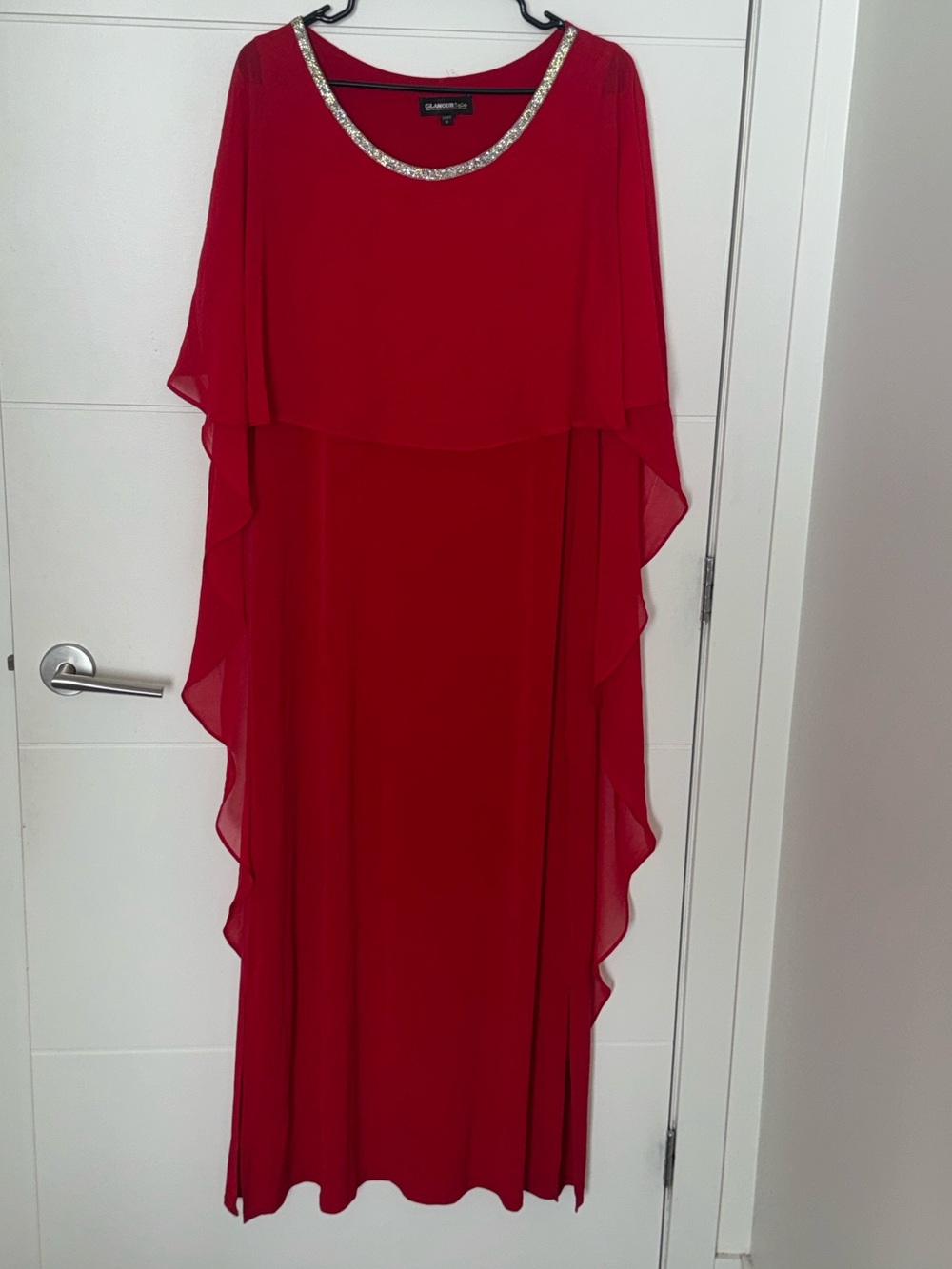 Glamorous Red Maxi Dress with Beaded Neckline